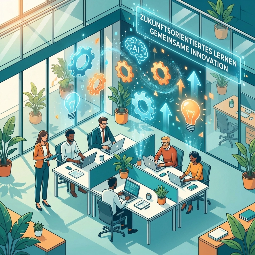 Deutsches Team arbeitet gemeinsam an Laptops, um KI-Kompetenzen durch Weiterbildung 2026 aufzubauen