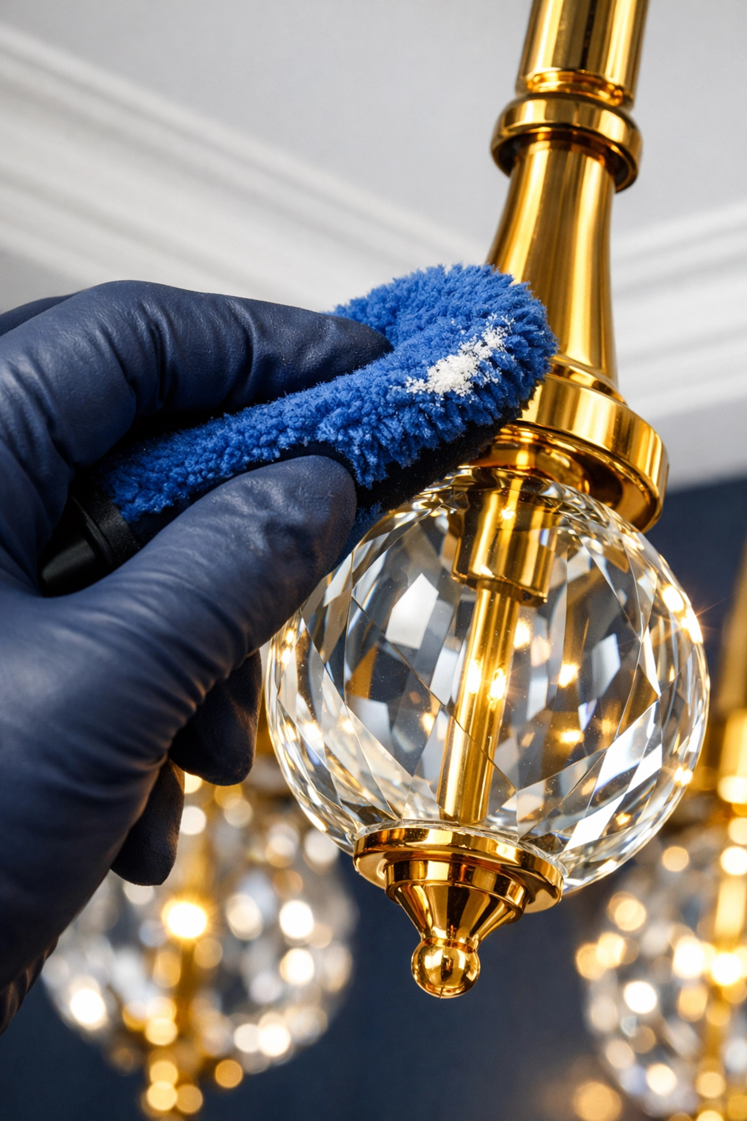 Professional cleaners Boston MA hand-cleaning a designer light fixture in a renovated Wellesley home.