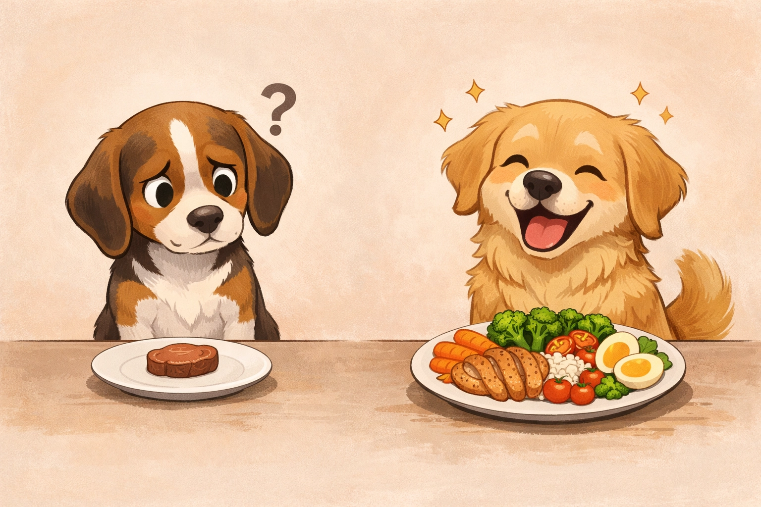 Comparison showing complete vs complementary raw dog food meals for dogs