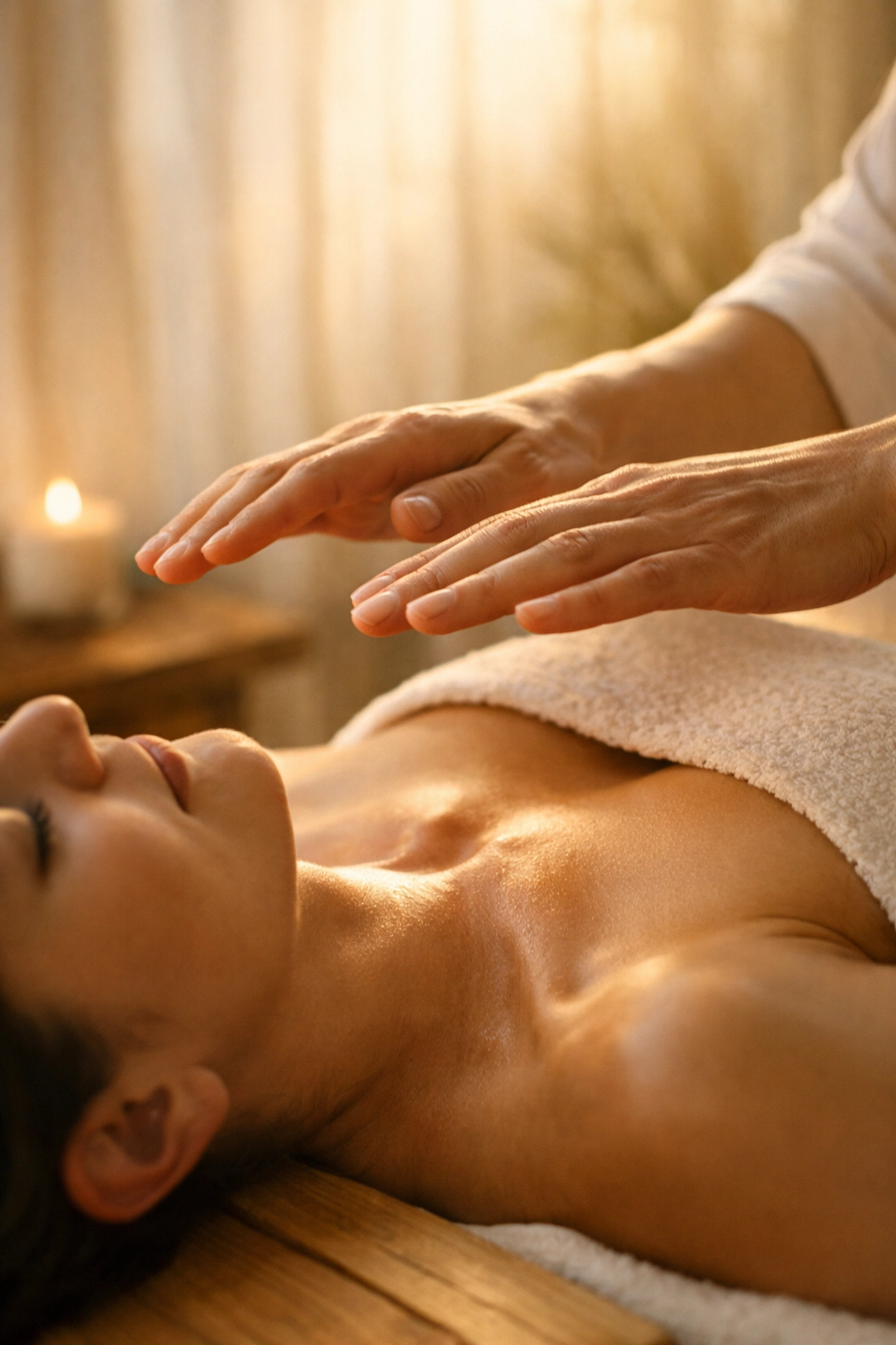 Energy healing session with practitioner's hands balancing client's energy field