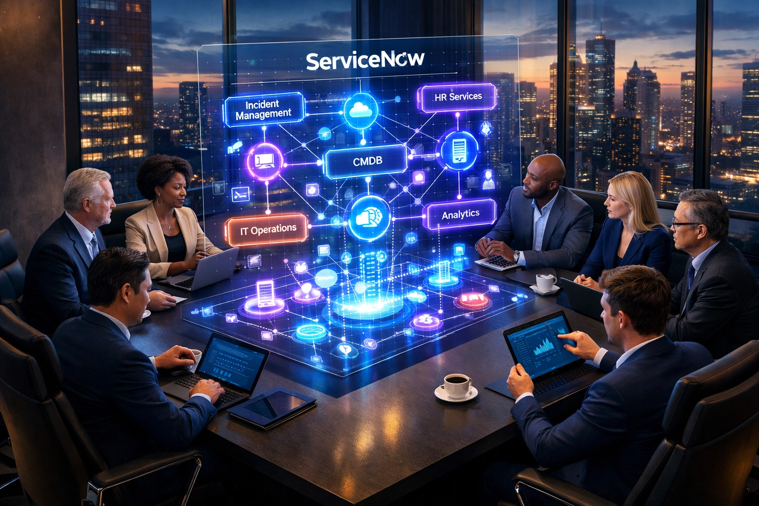 Executives reviewing ServiceNow dashboard for business transformation and implementation strategy