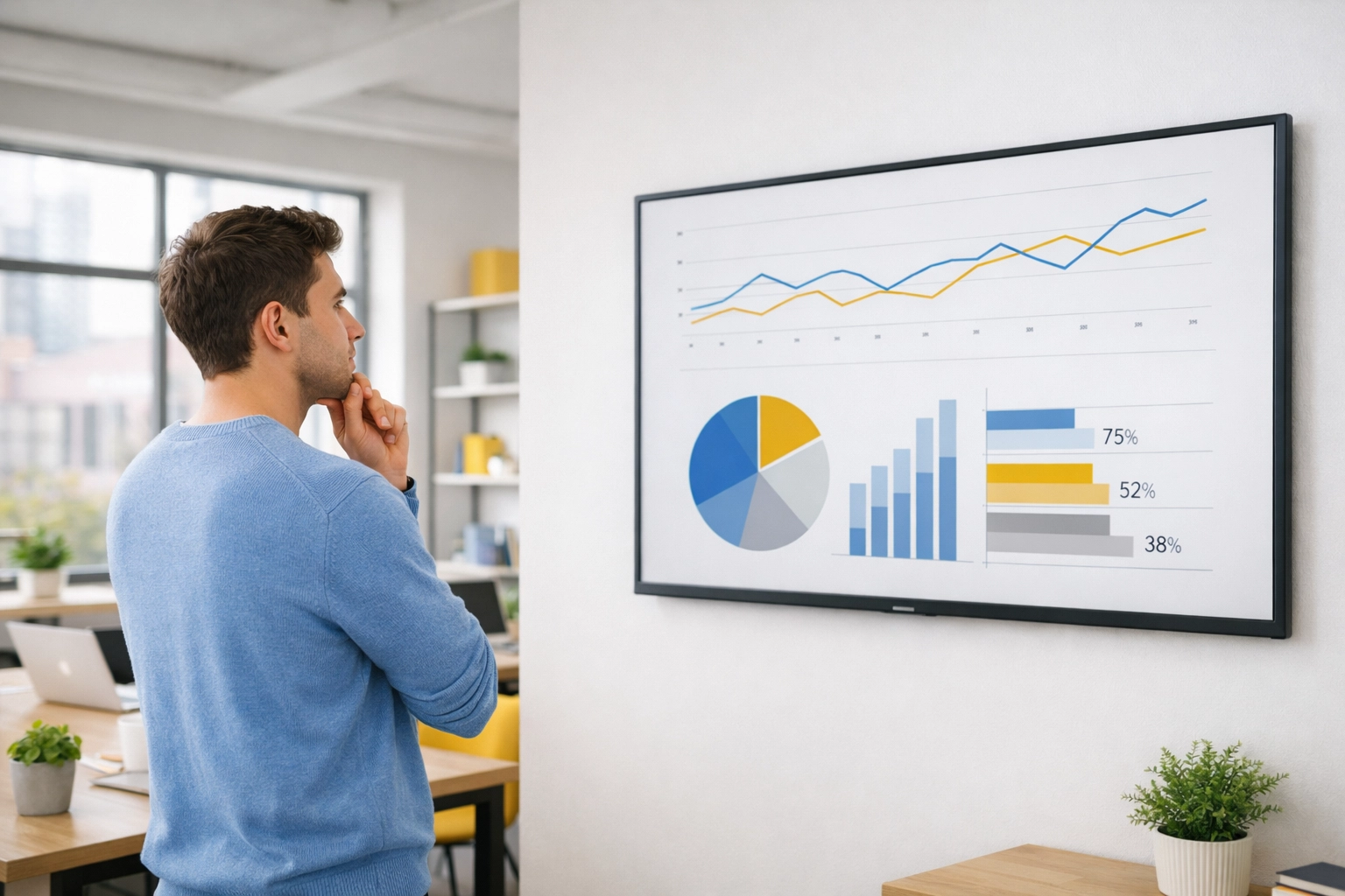 Professional reviewing fundraising data on a large screen to optimize donor relationship management.