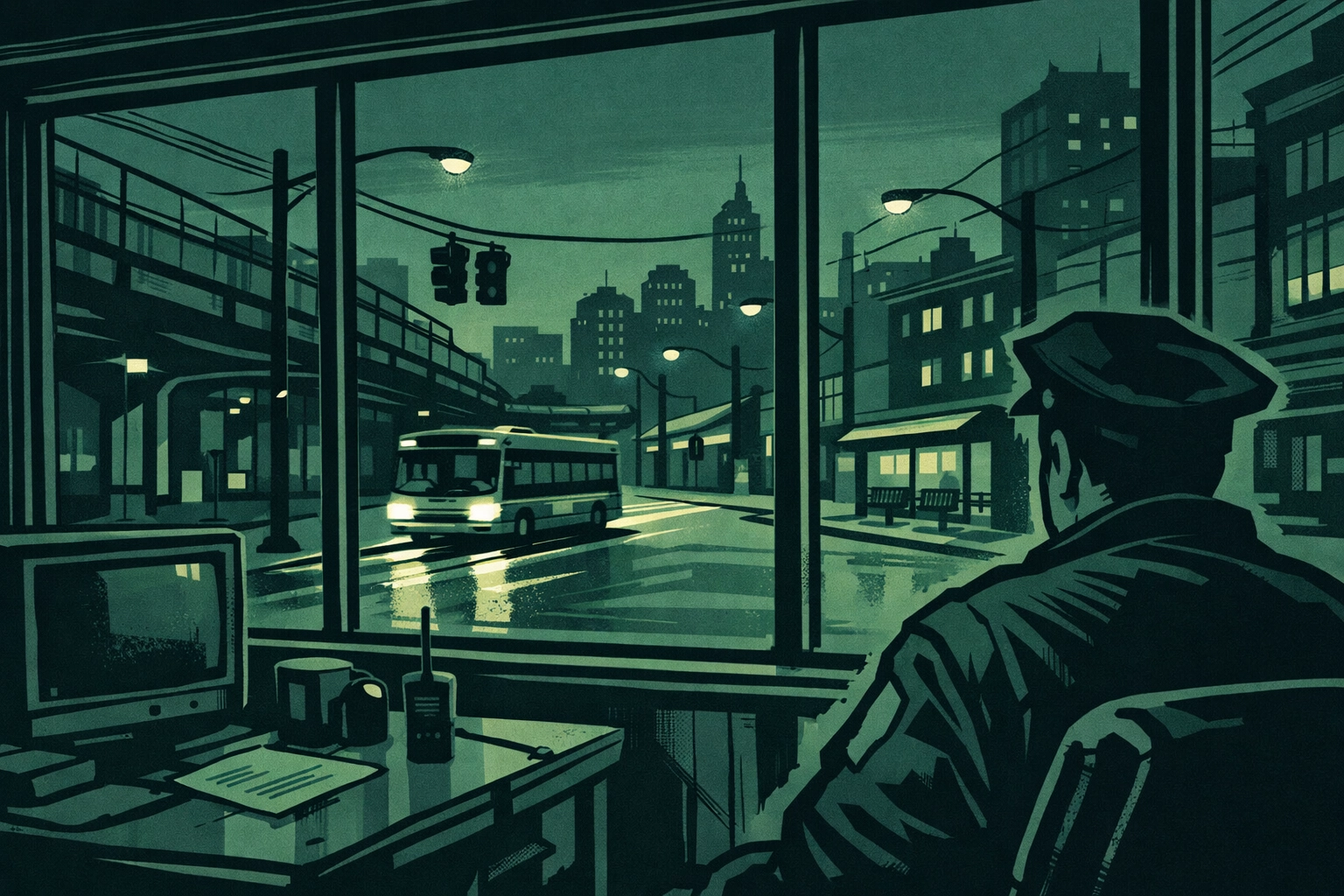 Security officer watches nighttime city street from depot office window in gay love story