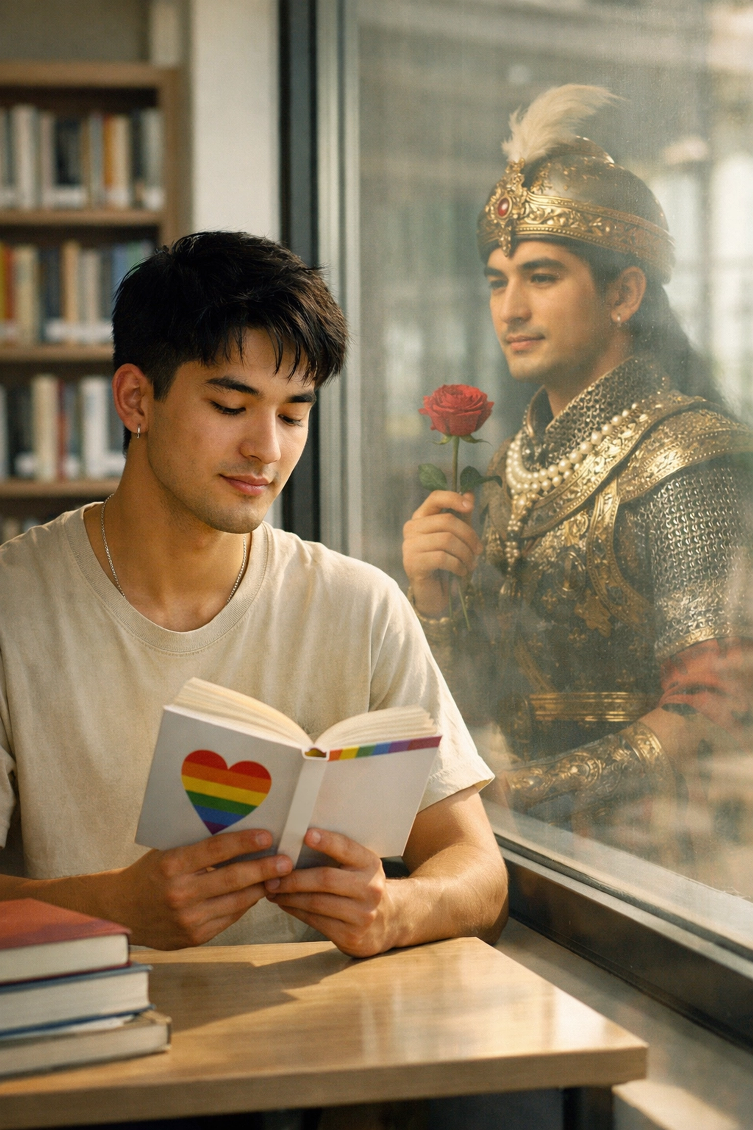A modern man reading an MM romance book with the reflection of a historical prince, linking queer history.