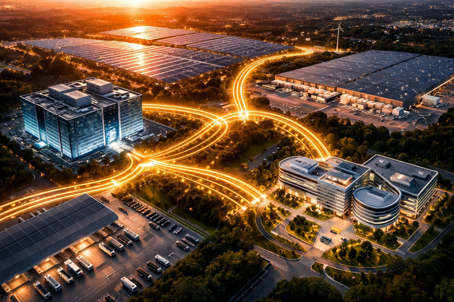 Modern cityscape connecting data centers, solar panels, logistics, and healthcare, illustrating diversified investment sectors.