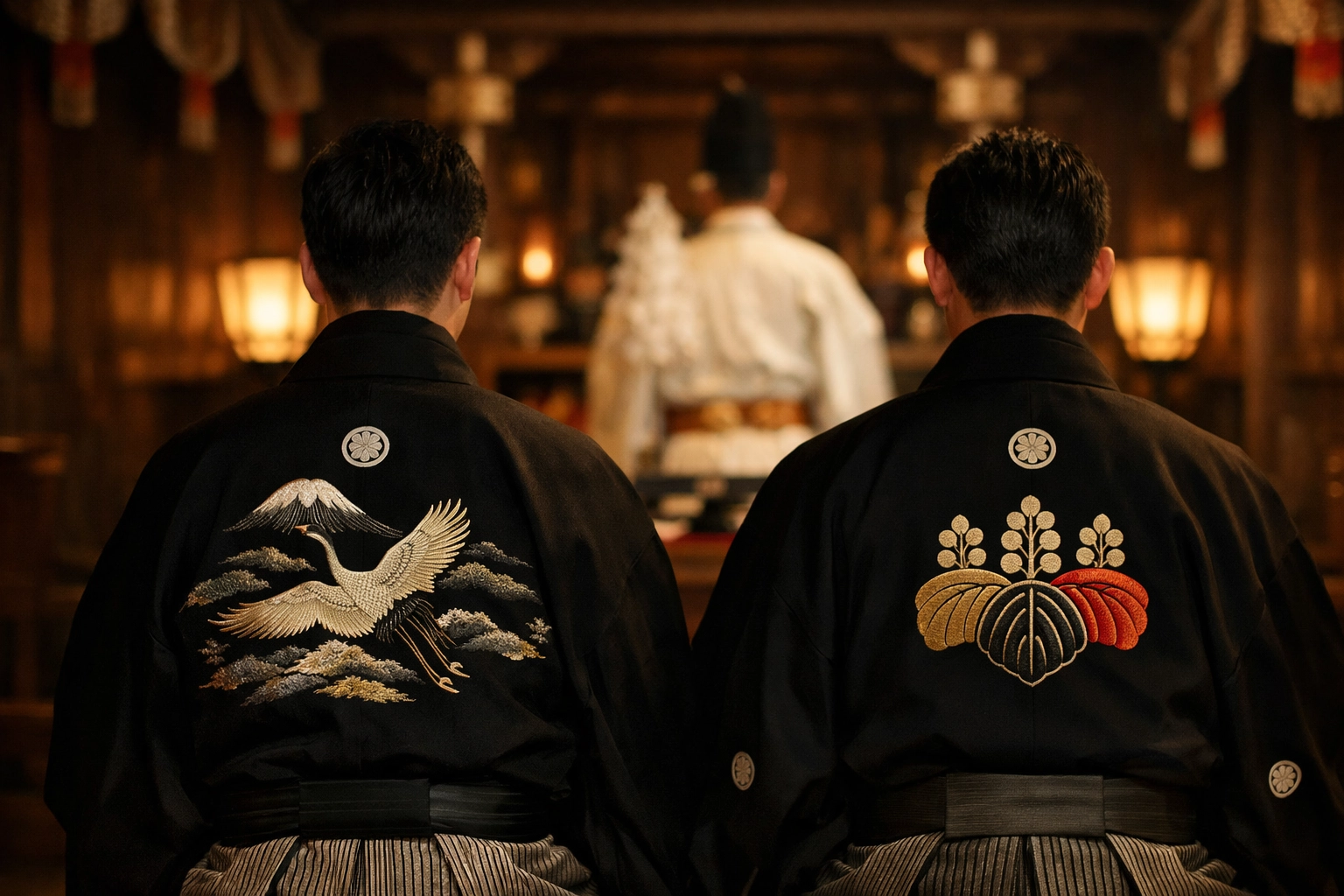 Same-sex couple in formal montsuki kimono at Shinto wedding ceremony in Kyoto shrine hall