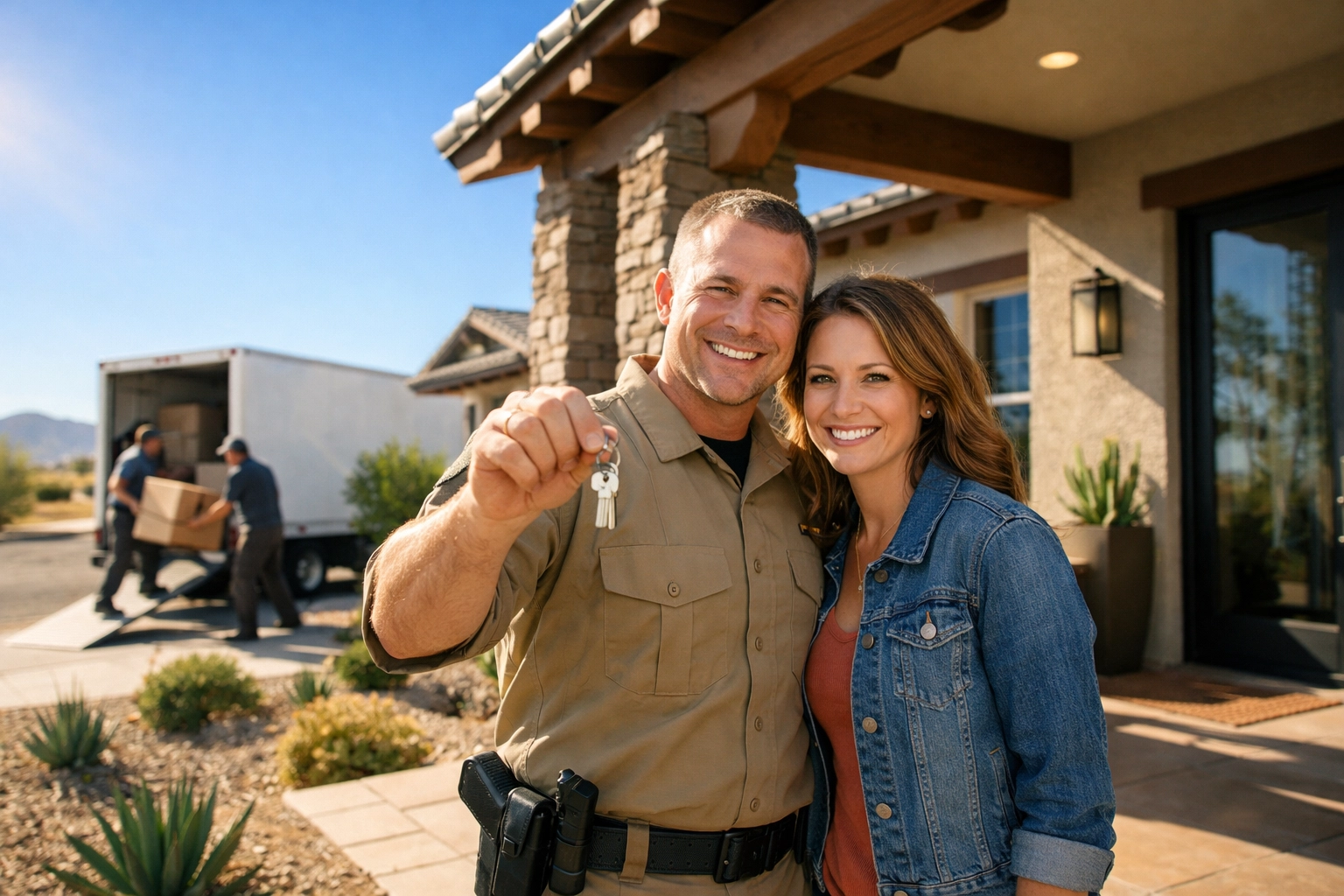 A veteran hero and his partner celebrate buying a new home in Arizona through the Rewarding Heroes program. A veteran hero and his partner celebrate buying a new home in Arizona through the Rewarding Heroes program.
