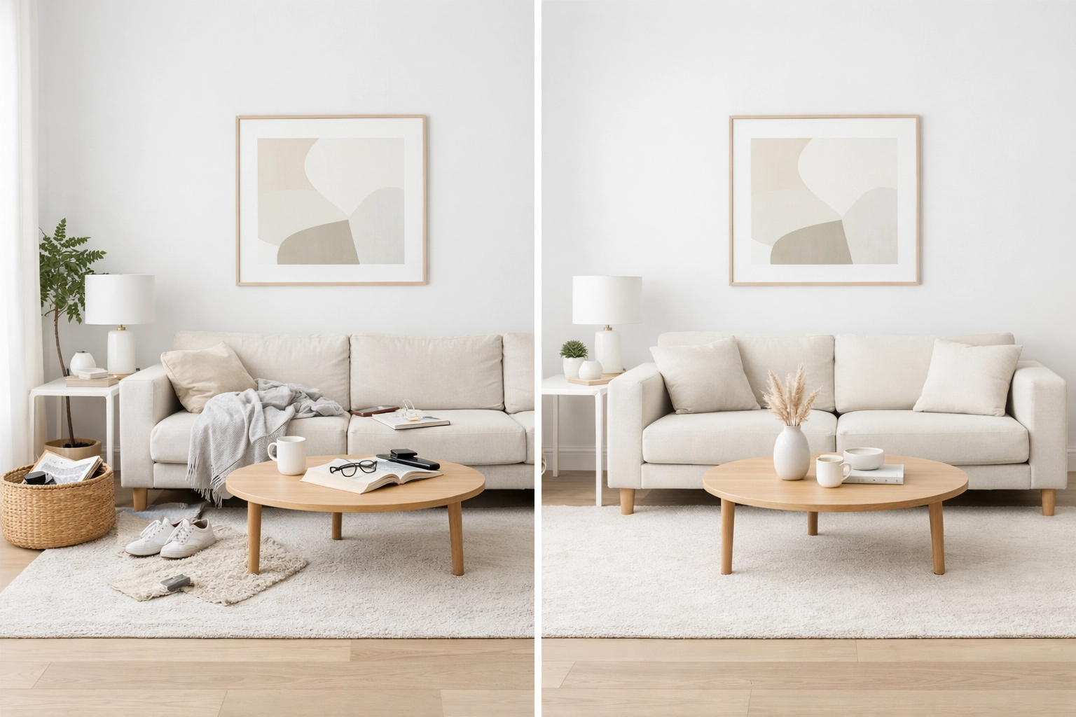 Minimalist living room turnover concept showing a quick refresh from move-out to move-in ready