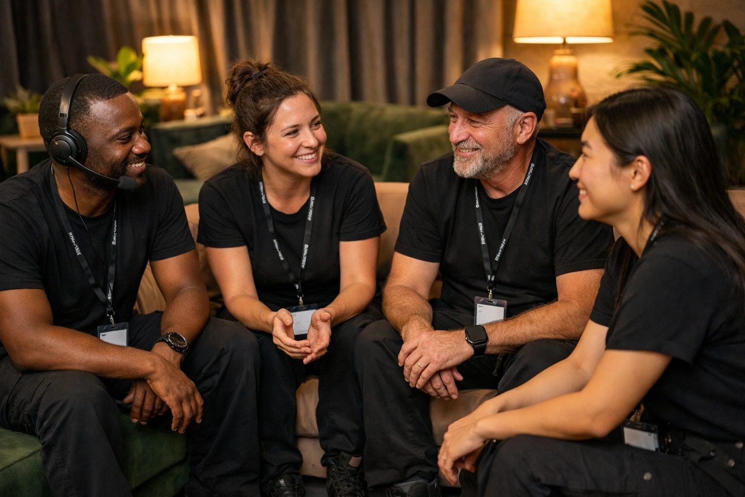 Event production crew members talking in a green room to support mental health for event planners.