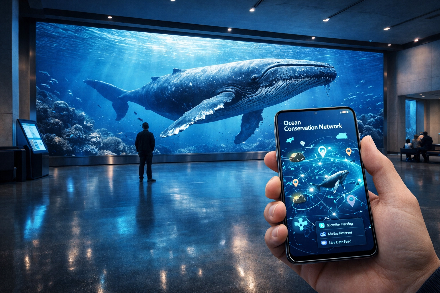 Modern aquarium activation with digital whale display and interactive mobile map for integrated visual communication.
