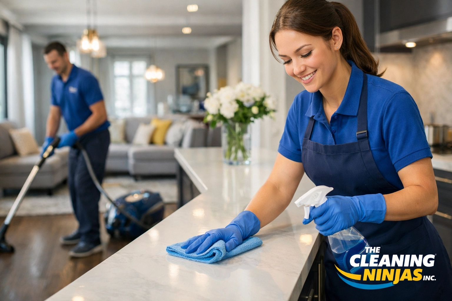 Professional maid service Worcester team member cleaning a high-end modern kitchen island. A professional maid service Worcester team member cleaning a modern kitchen to perfection.