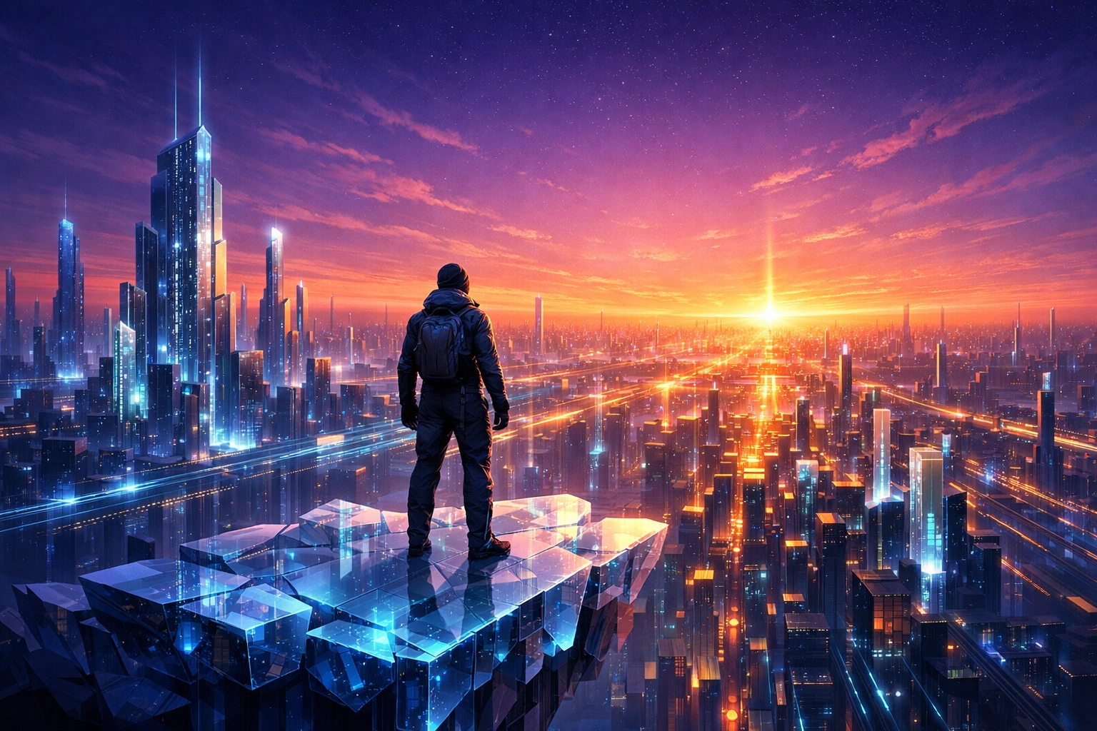 A vast digital metropolis at sunrise representing the long-term vision and future growth of the Larecoin ecosystem.