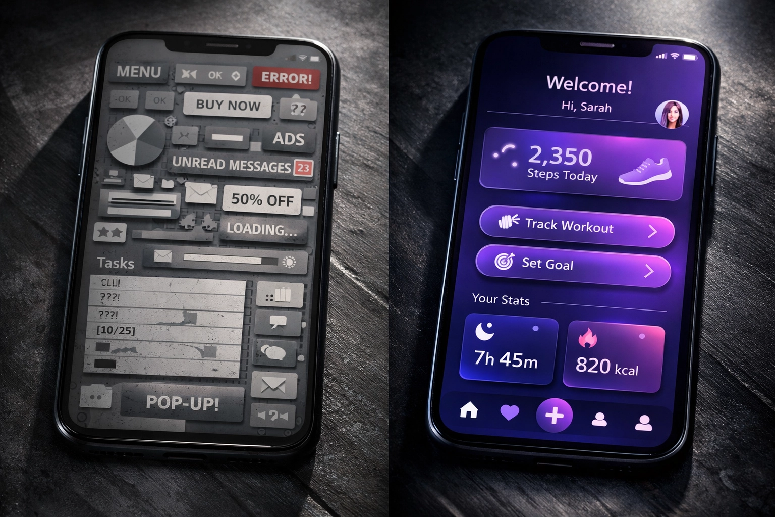 Comparison of cluttered vs clean mobile app interface design showing UX best practices