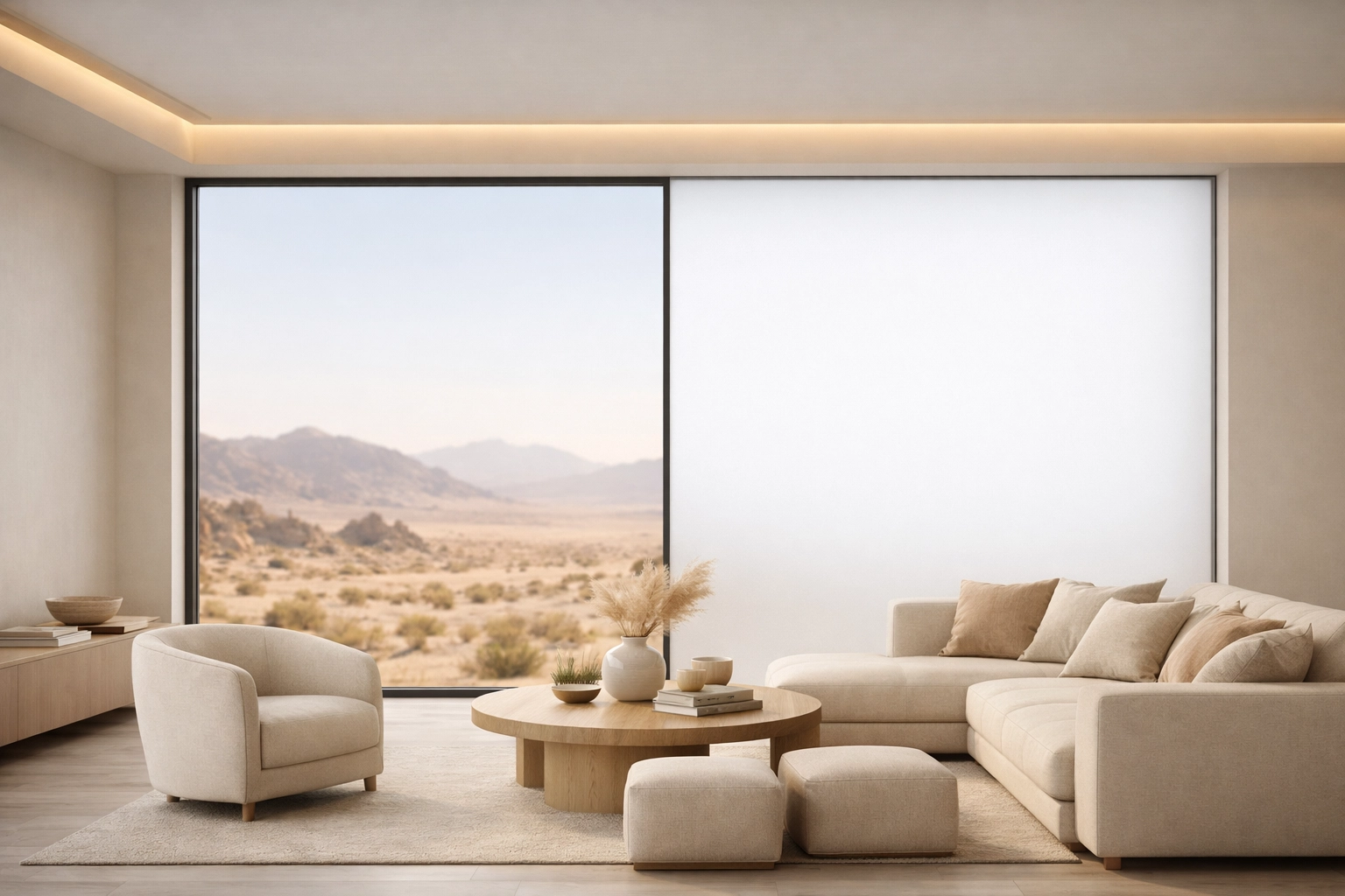 Smart home integration featuring privacy smart film on floor-to-ceiling living room windows.
