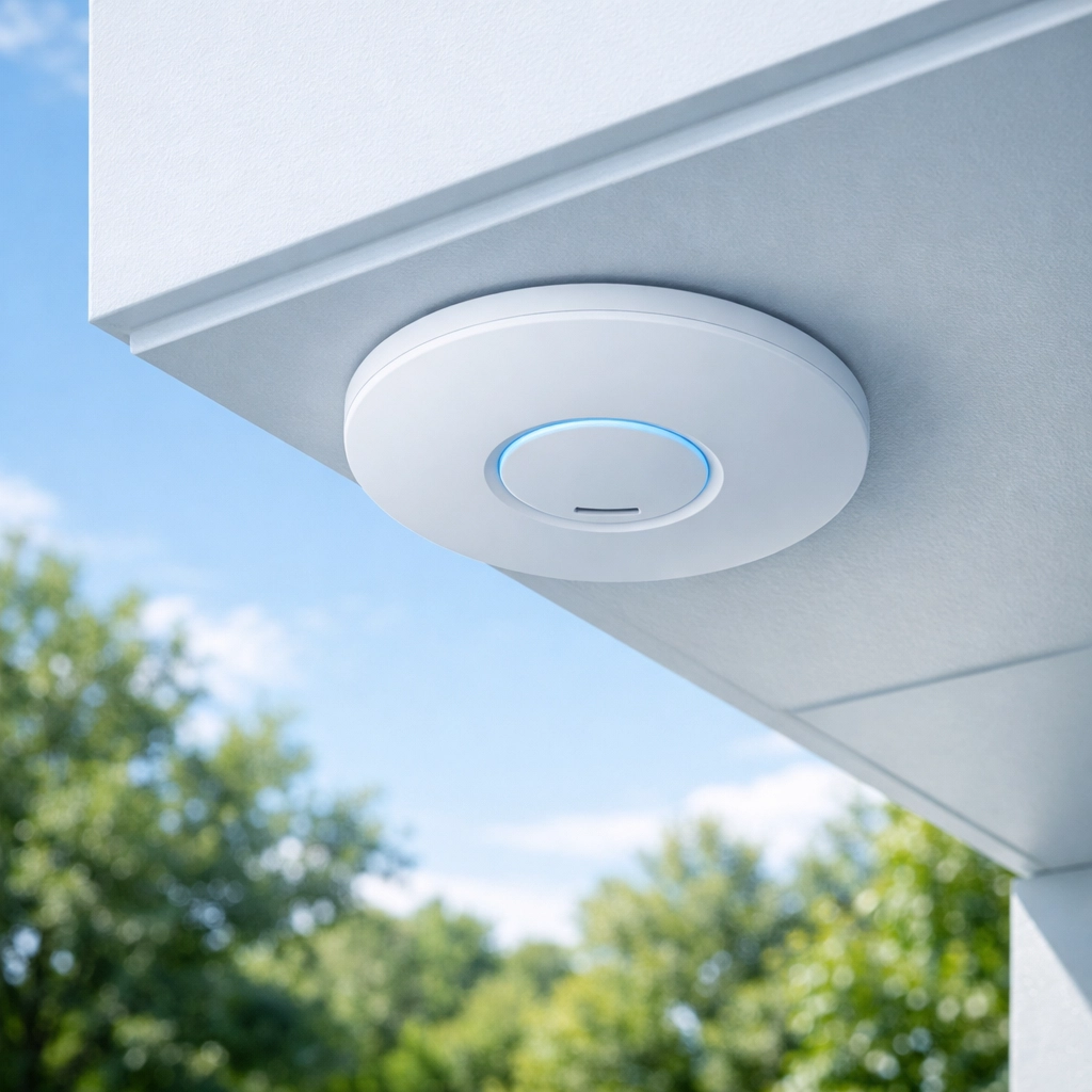 Professional outdoor WiFi access point mounted on a white eave for seamless connectivity.