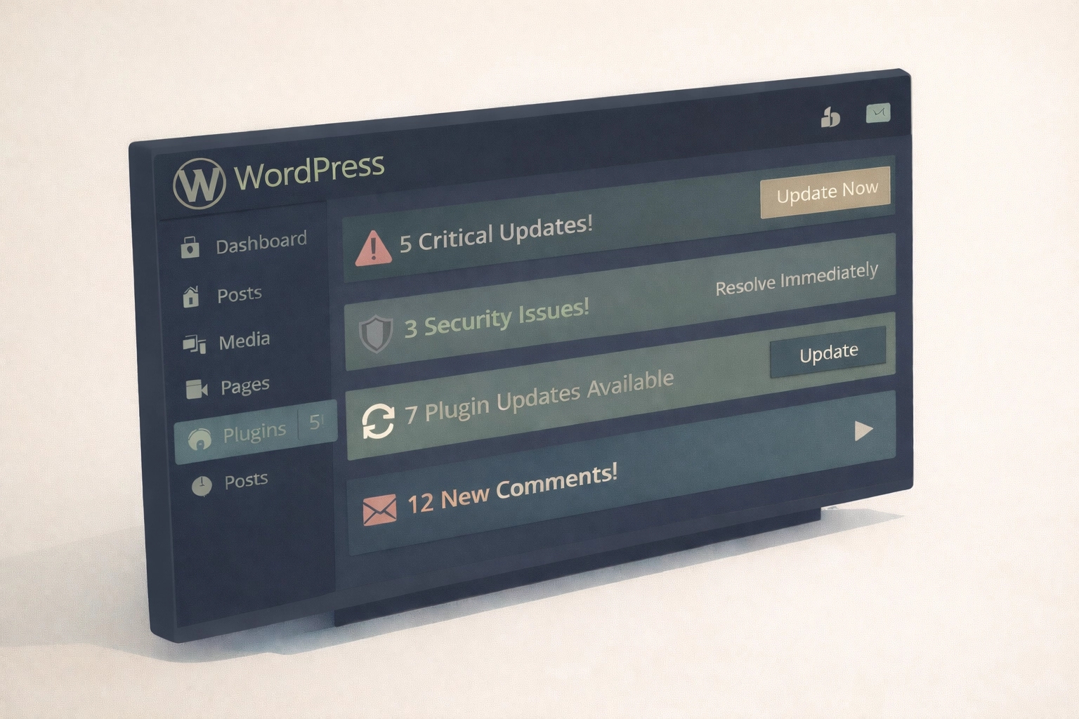 WordPress dashboard showing update notifications for website maintenance and security