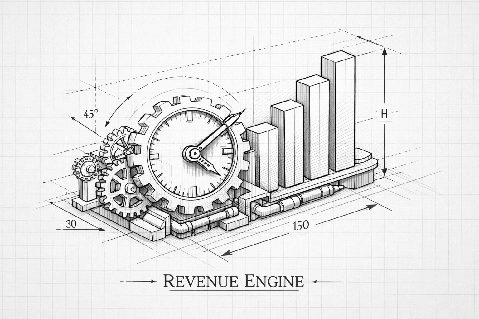 Blueprint of a revenue engine illustrating sales automation efficiency and scalable ROI for AI transformation.