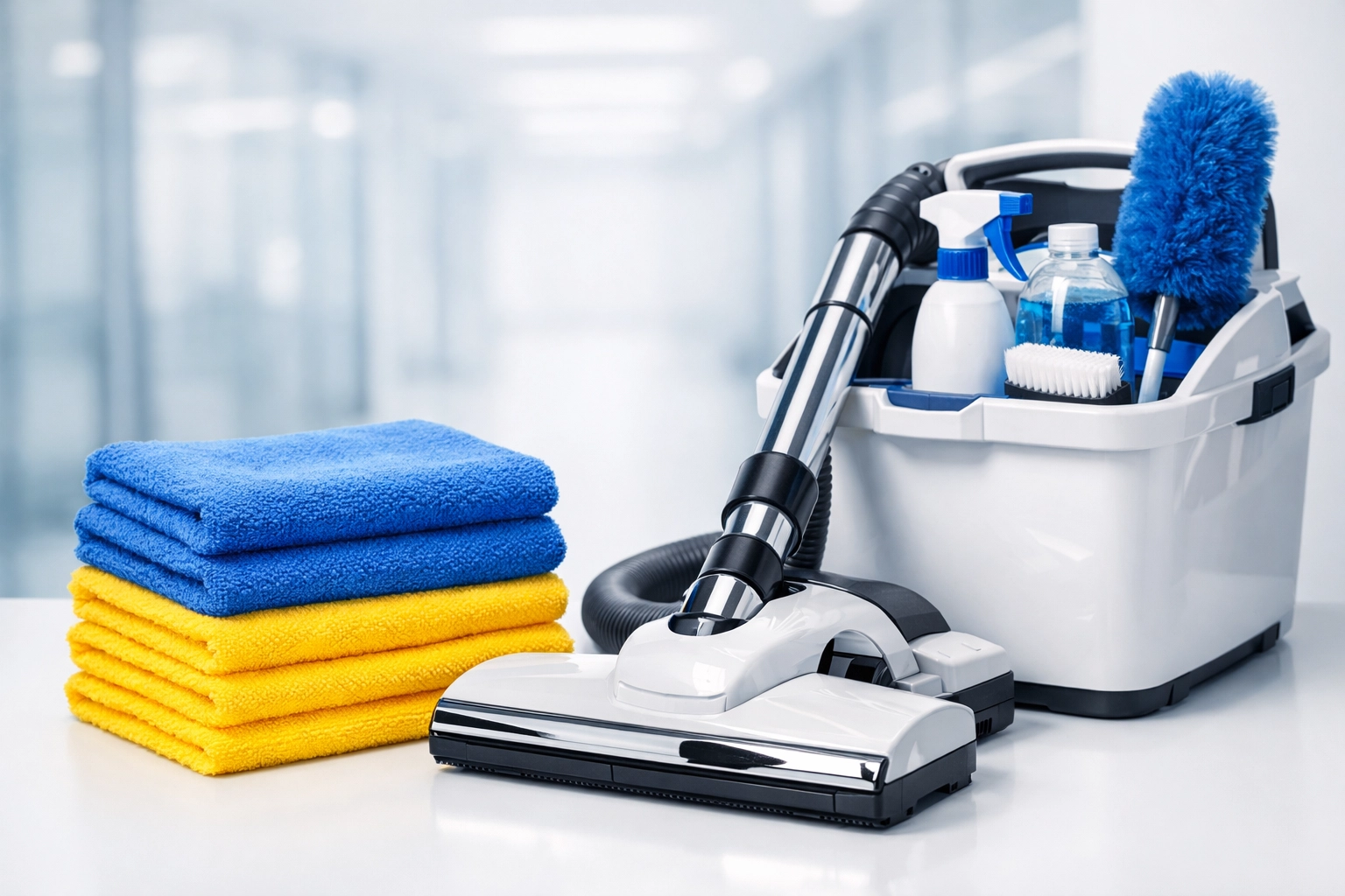 Sanitized microfiber cloths and modern vacuum equipment used for professional Boston office cleaning services.
