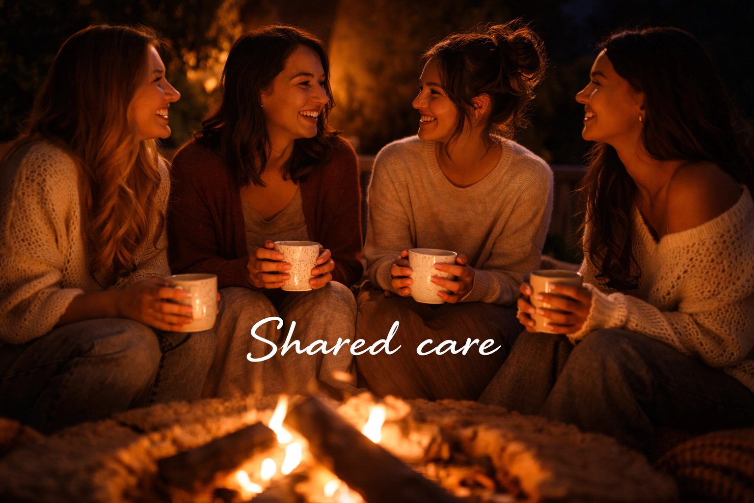 Diverse group in a close circle around a fire at night, faces lit by warm glow, showing candid connection and emotion Diverse group in a close circle around a fire at night, faces lit by warm glow, showing candid connection and emotion