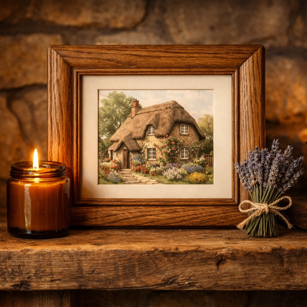 Personalized oak picture frame and artisan candle on a rustic mantlepiece.