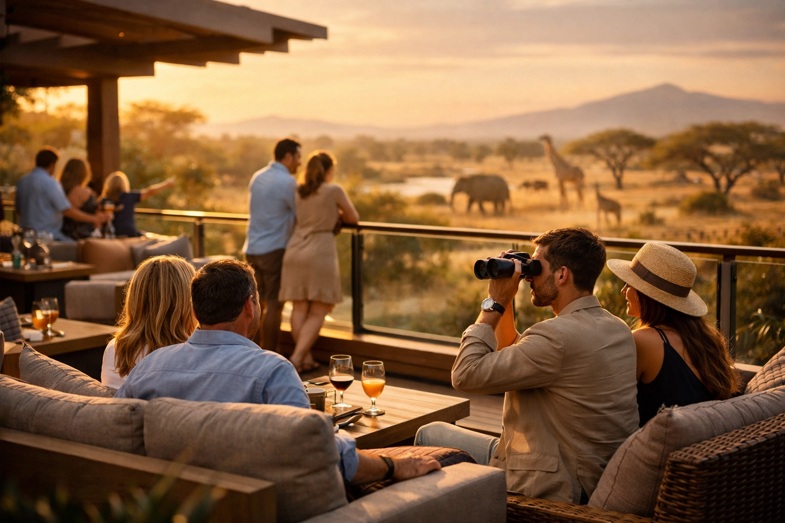 Affluent visitors on a premium zoo terrace overlooking a savanna habitat, ideal for luxury brand sponsorship.