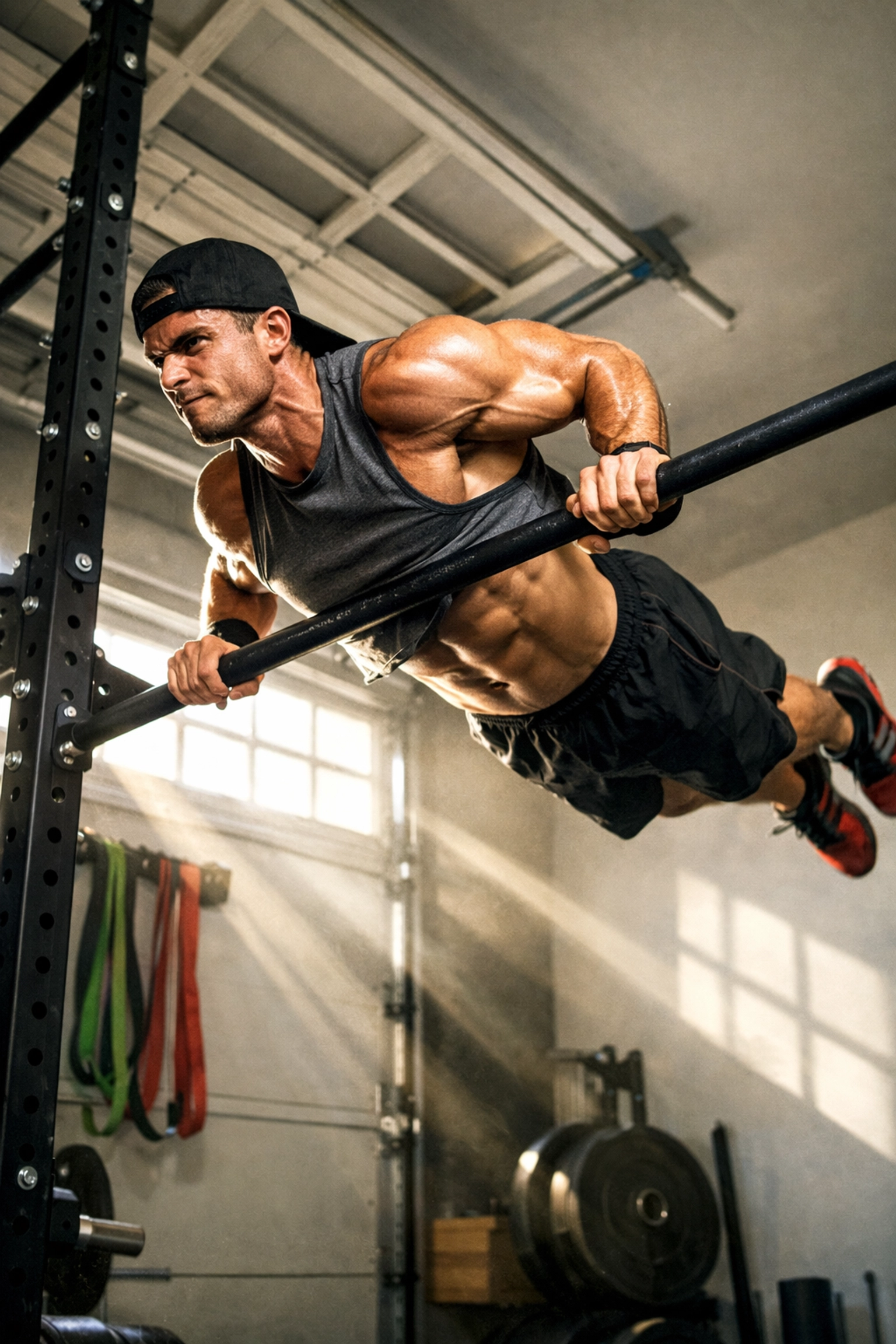 Athlete performing muscle-up on floor-to-ceiling home gym equipment with resistance bands