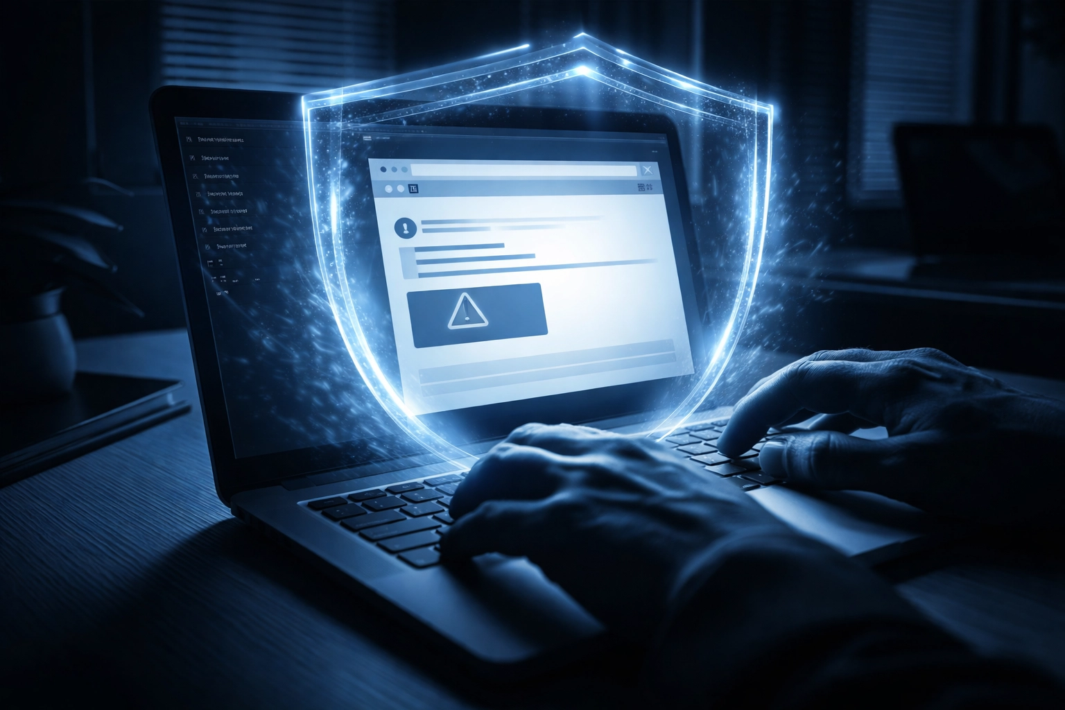 Hands poised over laptop with suspicious email and protective shield effect, highlighting phishing protection with password managers.