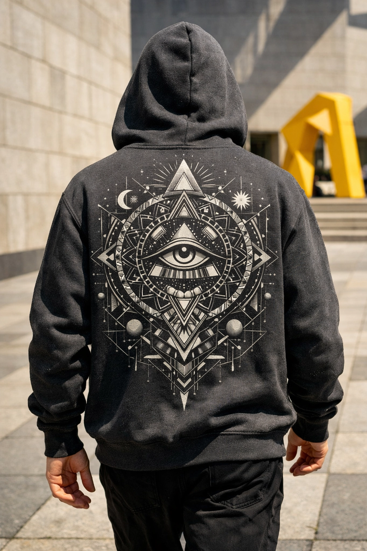 Rear view of a charcoal grey custom hoodie with a large geometric back print in an urban setting.