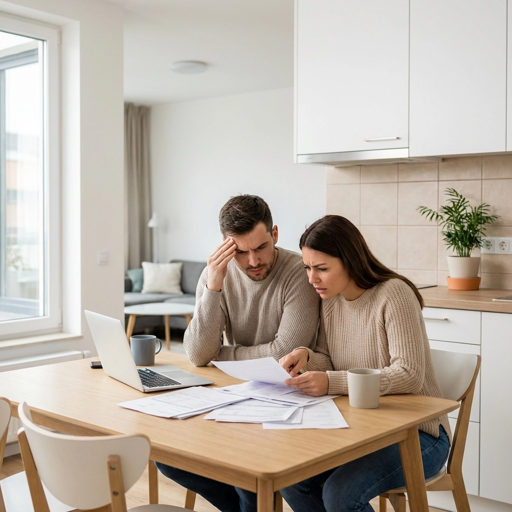 Young couple stressed over real estate paperwork at kitchen table, highlighting unclear expectations in home buying. Young couple stressed over real estate paperwork at kitchen table, highlighting unclear expectations in home buying.