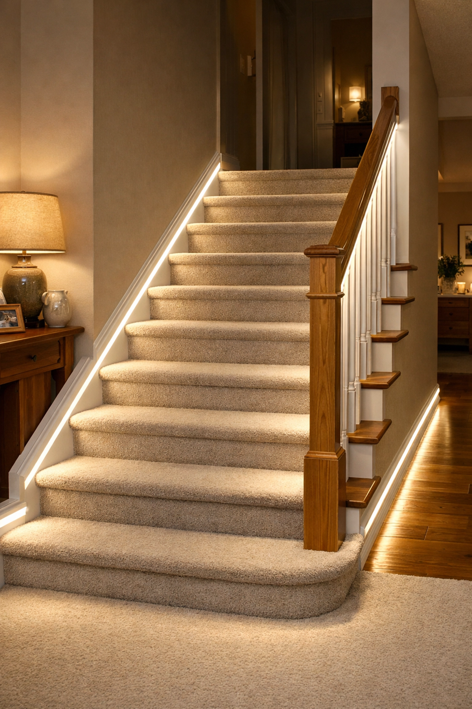 Motion-activated LED lighting on a staircase providing clear visibility and eliminating dark shadows.