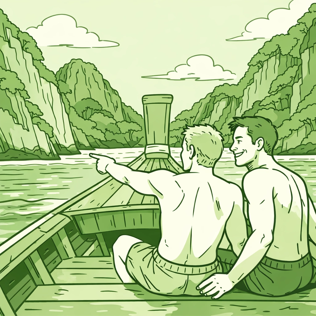 Gay travelers on longtail boat approaching hidden Phuket beach