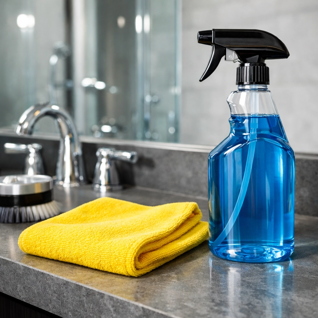 Detail-oriented professional supplies used for thorough house cleaning Shirley MA in a bathroom.