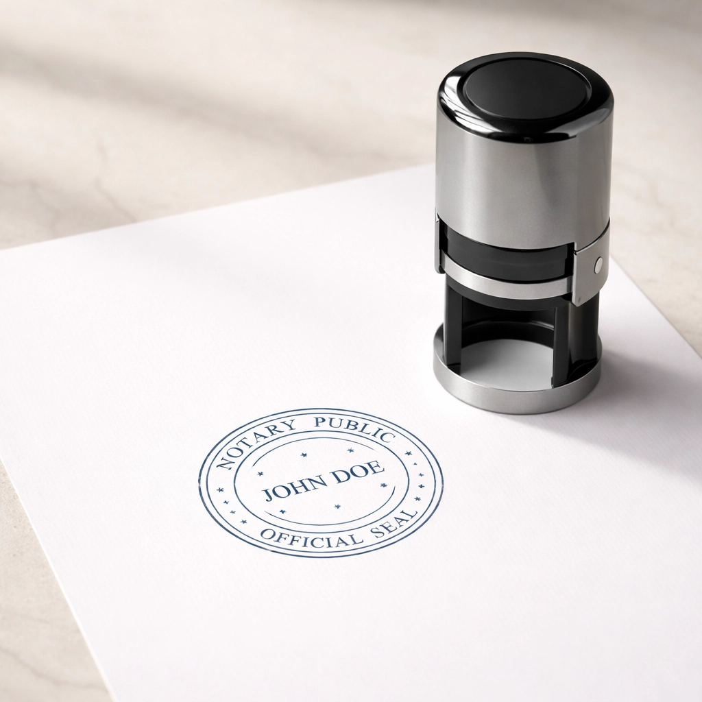 Close-up of a notary stamp leaving an official seal on white paper, symbolizing document authentication and security.