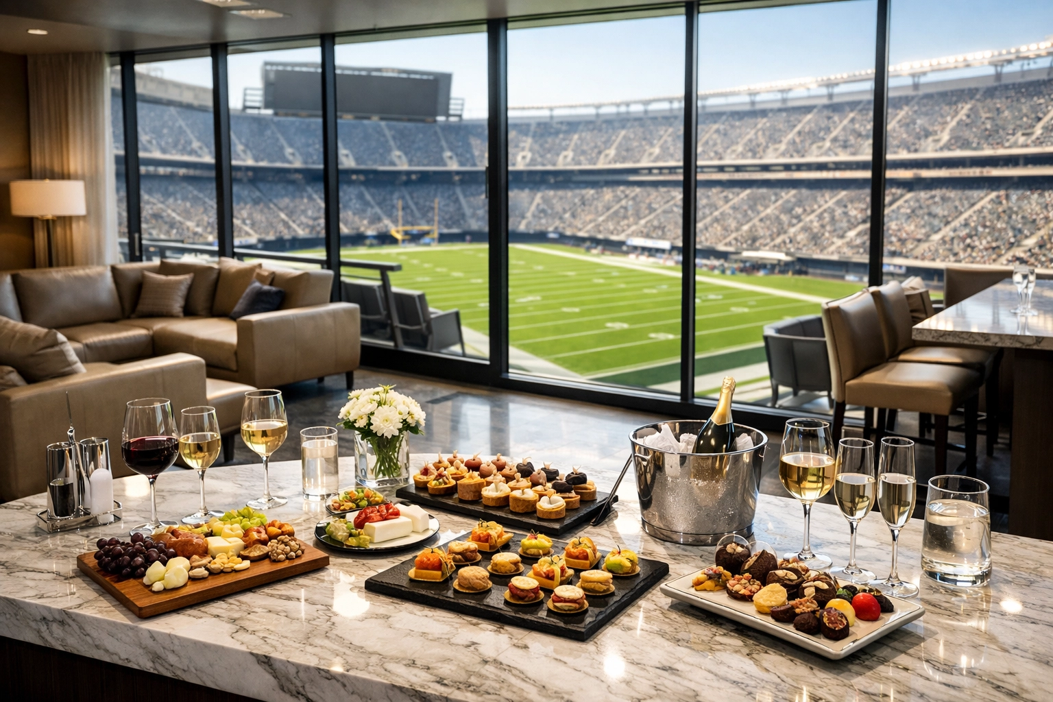 Premium Super Bowl luxury suite with high-end catering for corporate networking and executive hosting.