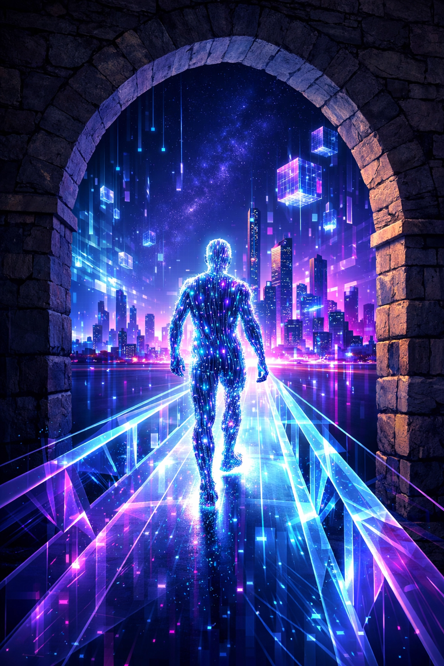 Digital figure crossing a bridge of light toward a career in the AI-driven future job market.