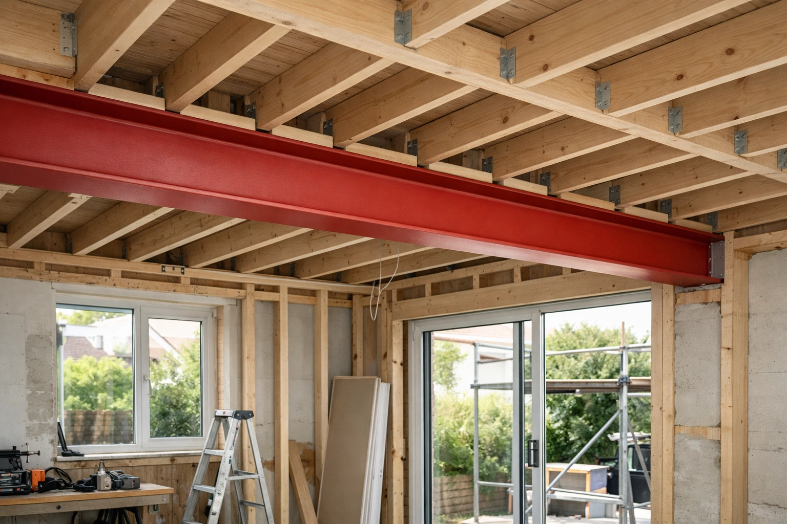 Structural steel beam installation for a London home extension featuring in-house architectural design.