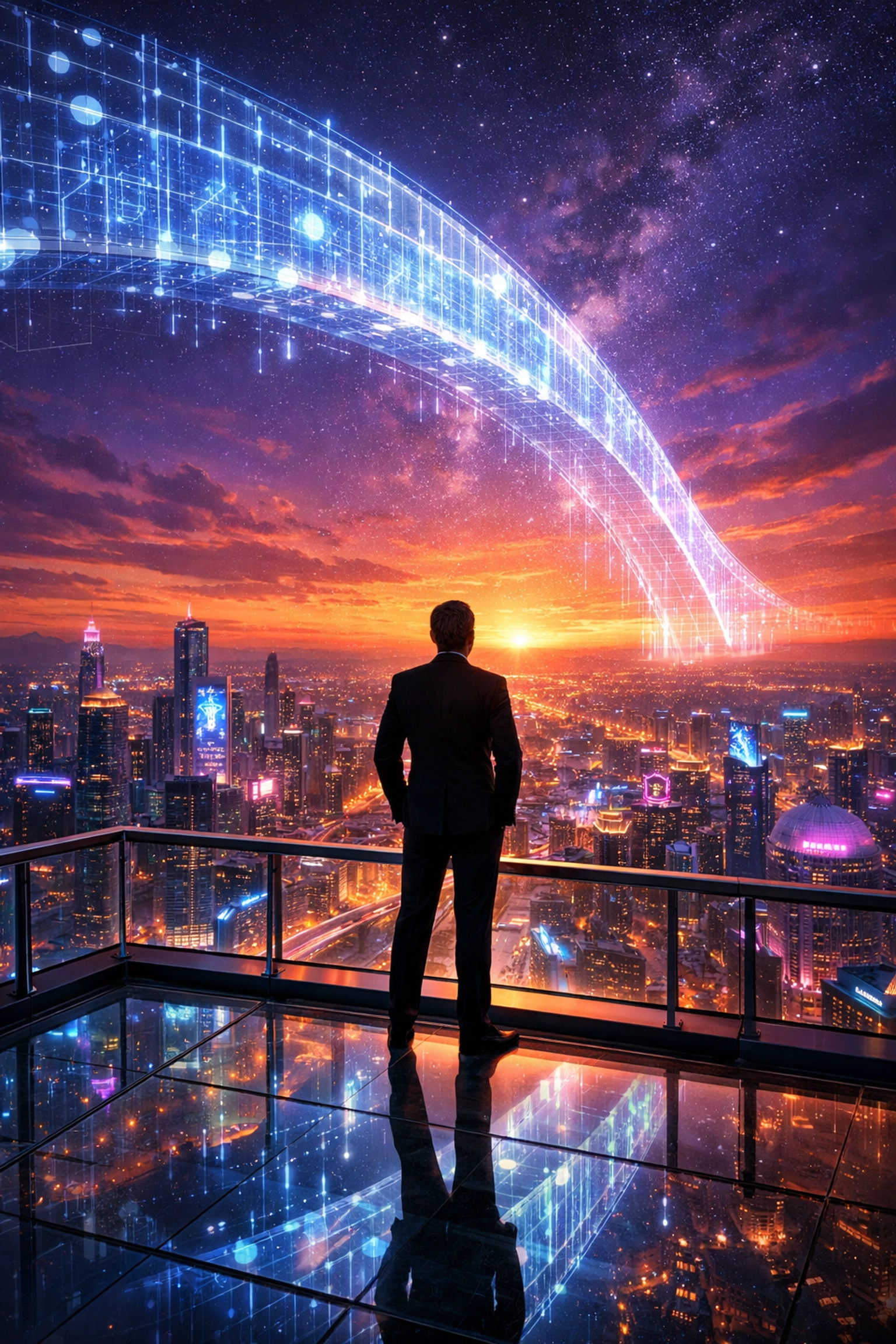 Entrepreneur overlooking a digital city symbolizing the future of Web3 global payments.