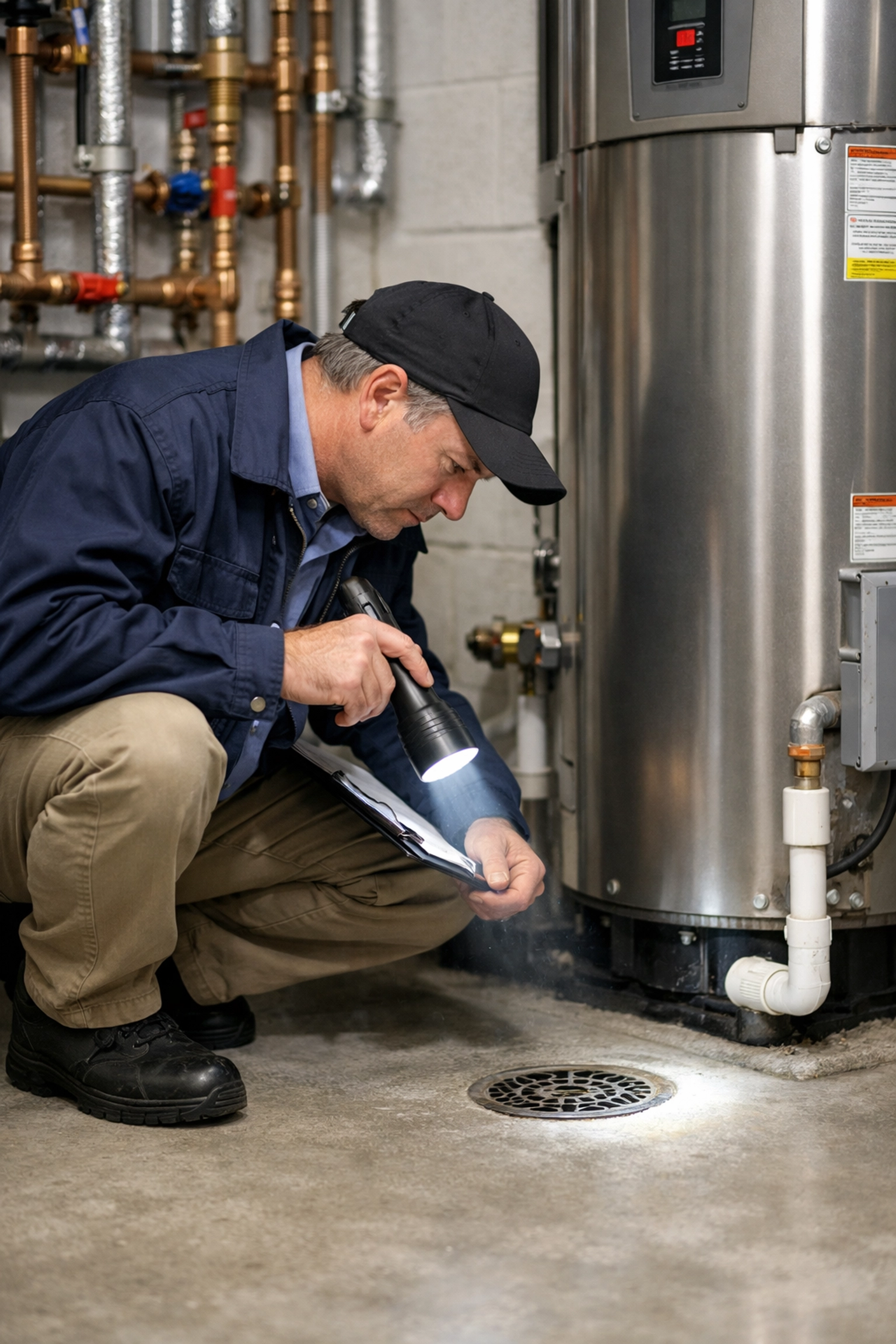 Professional inspector checking a commercial water heater and plumbing for moisture in a mechanical room.