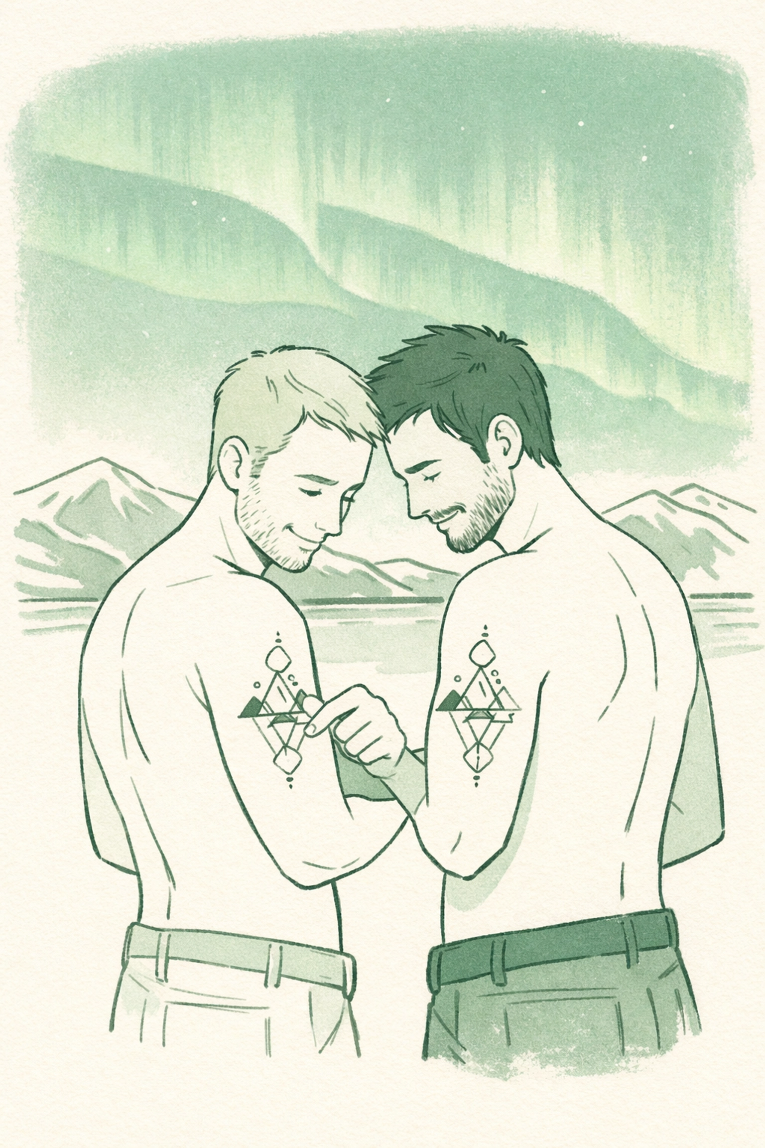MM couple with matching geometric tattoos under Iceland Northern Lights