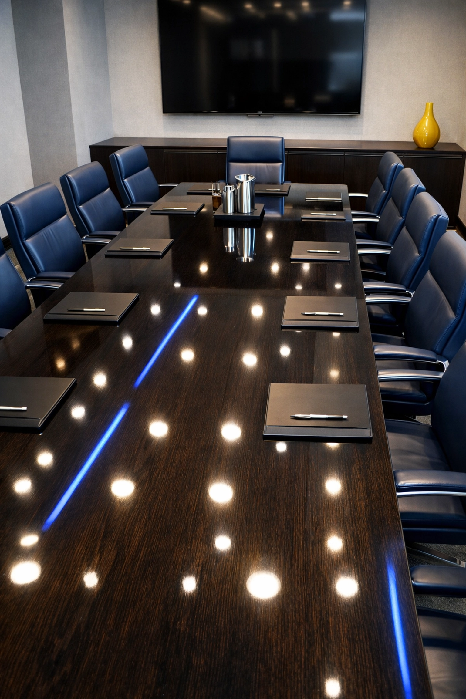 Organized executive conference room with a polished table reflecting professional janitorial care.