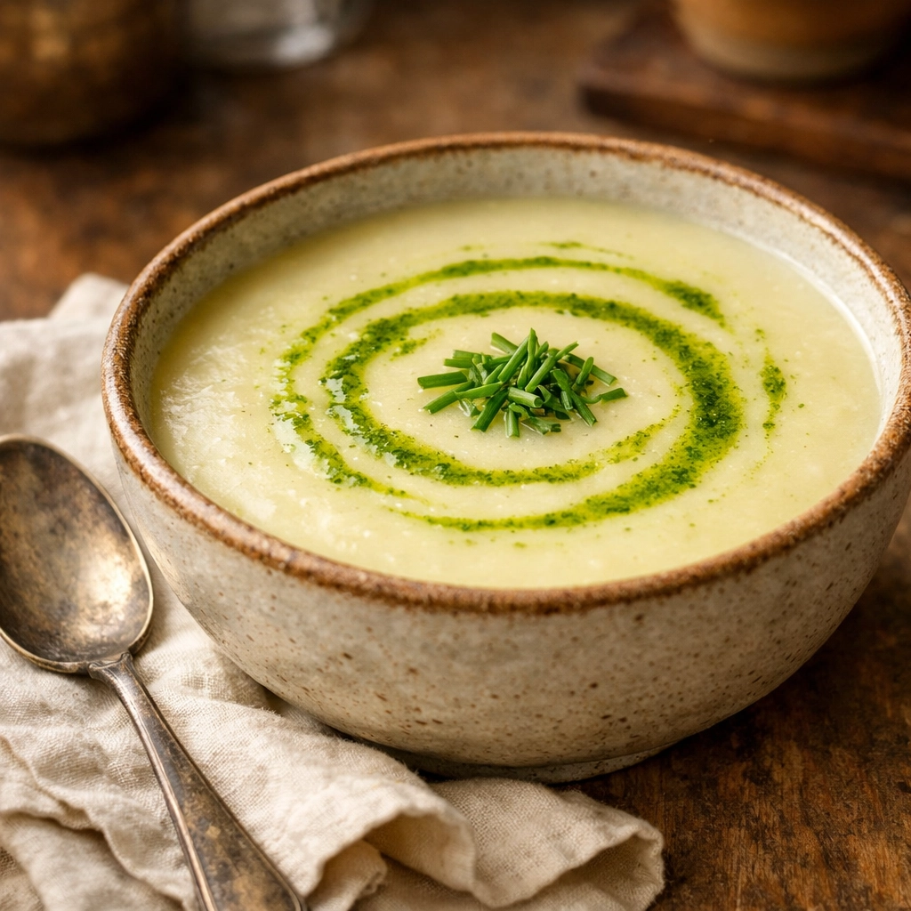Creamy potato and leek soup garnished with herb oil and chives in a handcrafted stoneware bowl.
