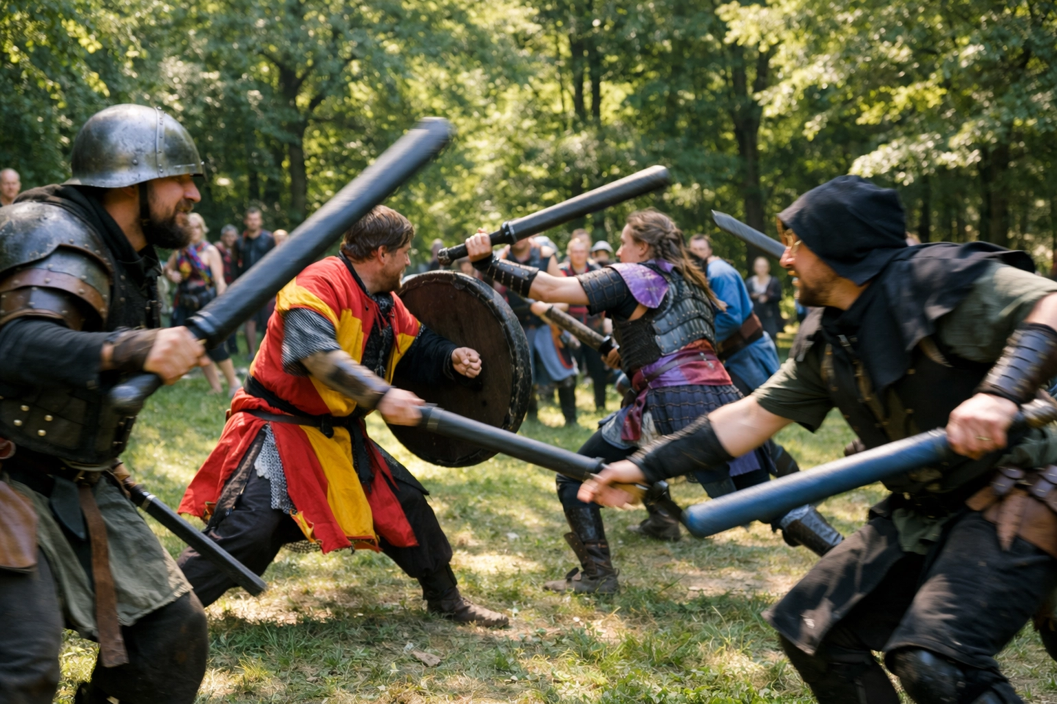 Medieval combatants and LARPers battling with foam swords on Mount Royal during the Tam-Tams.