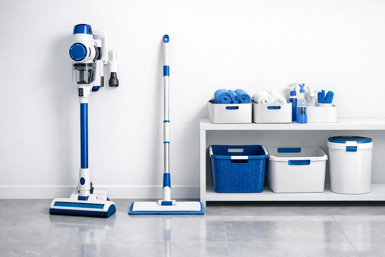 Organized professional cleaning equipment including a microfiber mop and vacuum in a modern utility room.