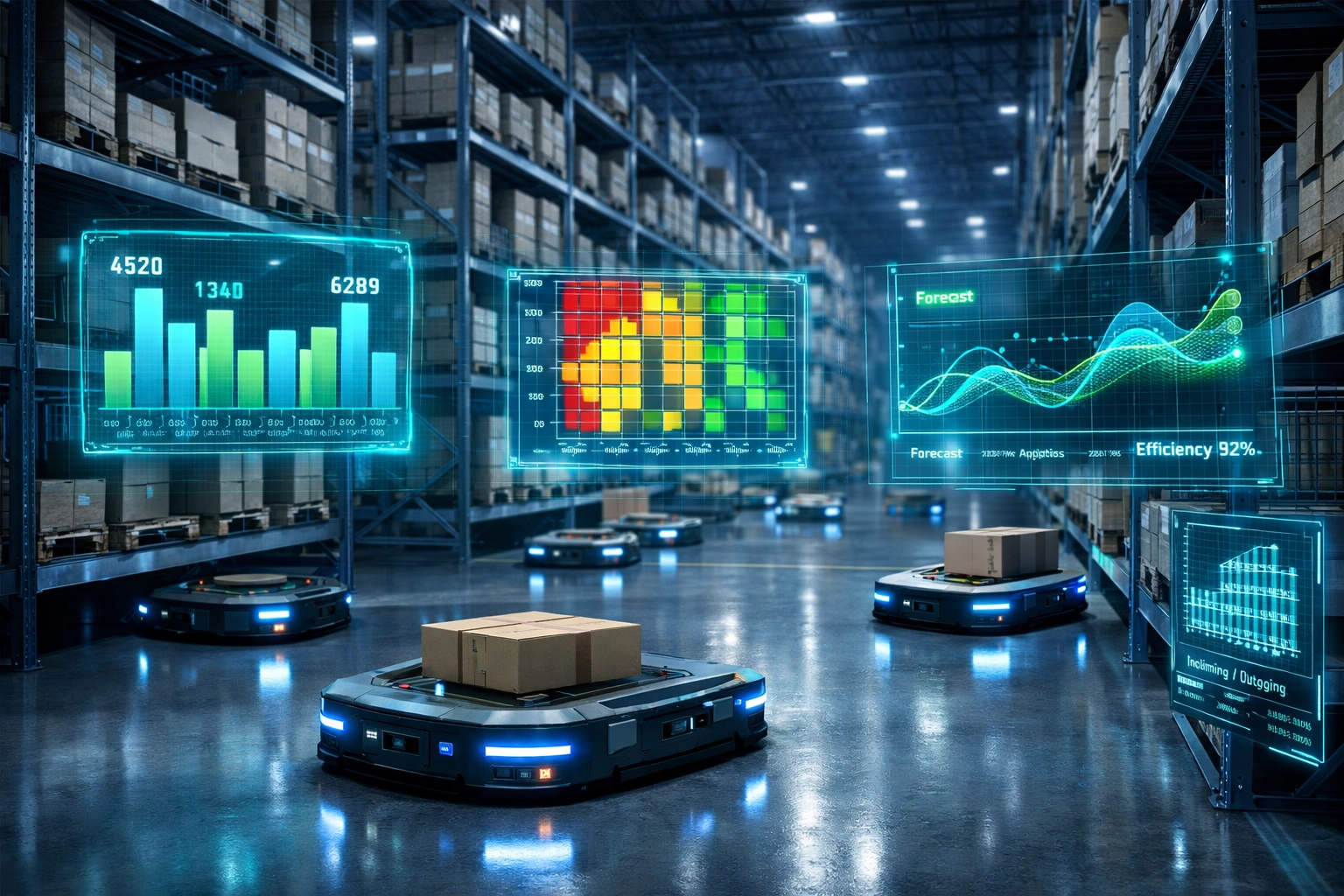 Lagerverwaltung Automatisierung mit autonomen Robotern und intelligenten Bestandsprognosen.