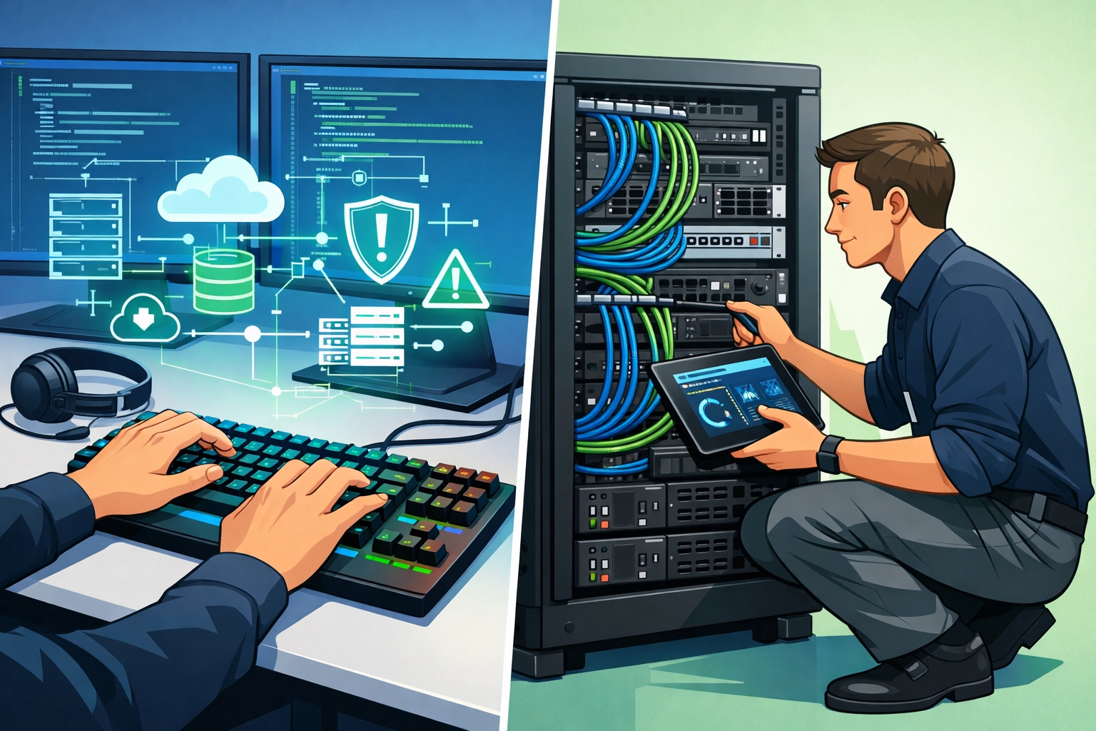 Hybrid IT support combining remote network monitoring and onsite field technician hardware service