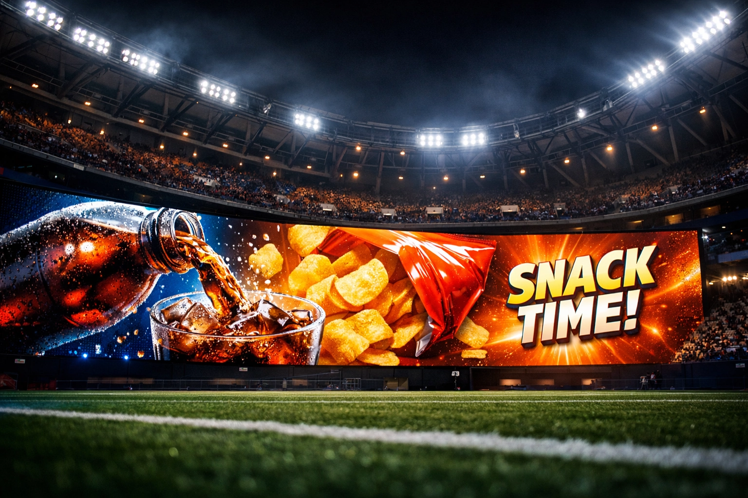 Stadium perimeter LED screens showing dynamic video advertisements during timeout