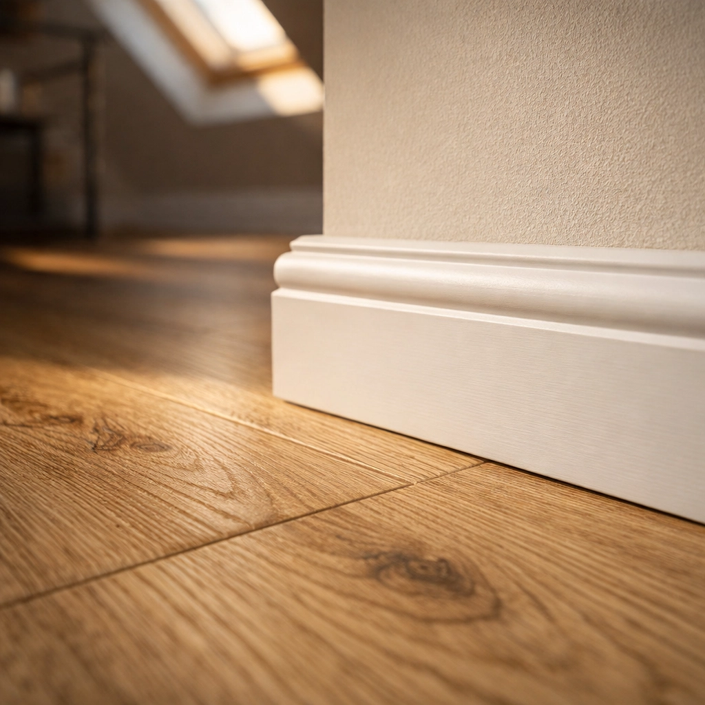 Professional installation of light oak LVT flooring showing the seamless transition to a white skirting board.