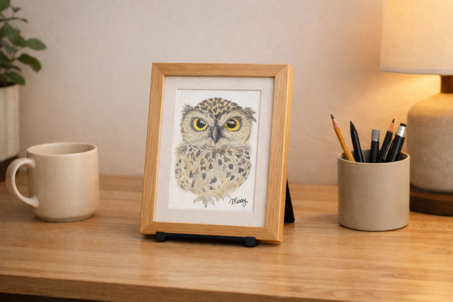 Burrowing Owl print in a tabletop frame (setup example)