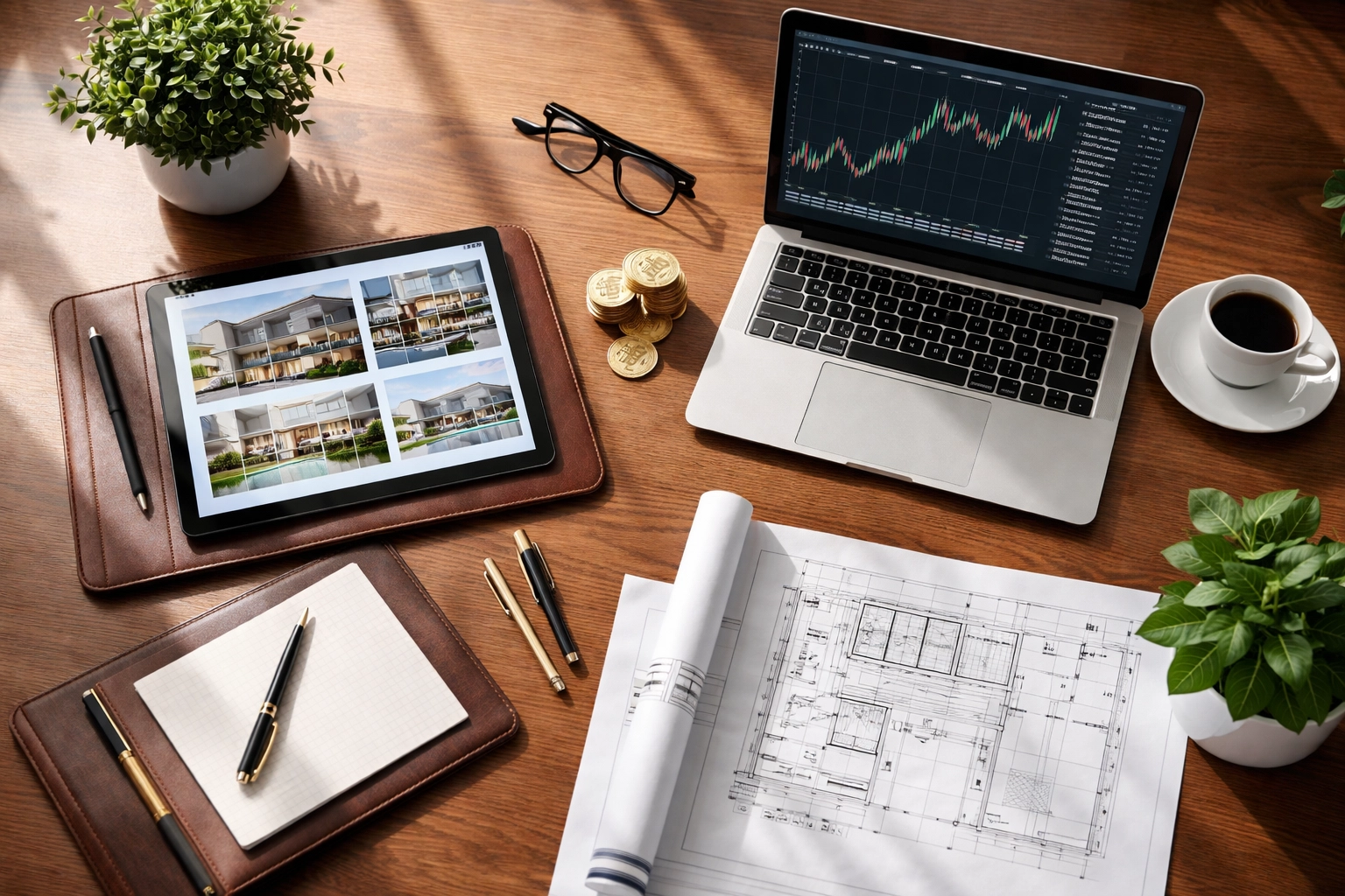 Modern desk with real estate photos and crypto charts illustrating strategic wealth management for institutions