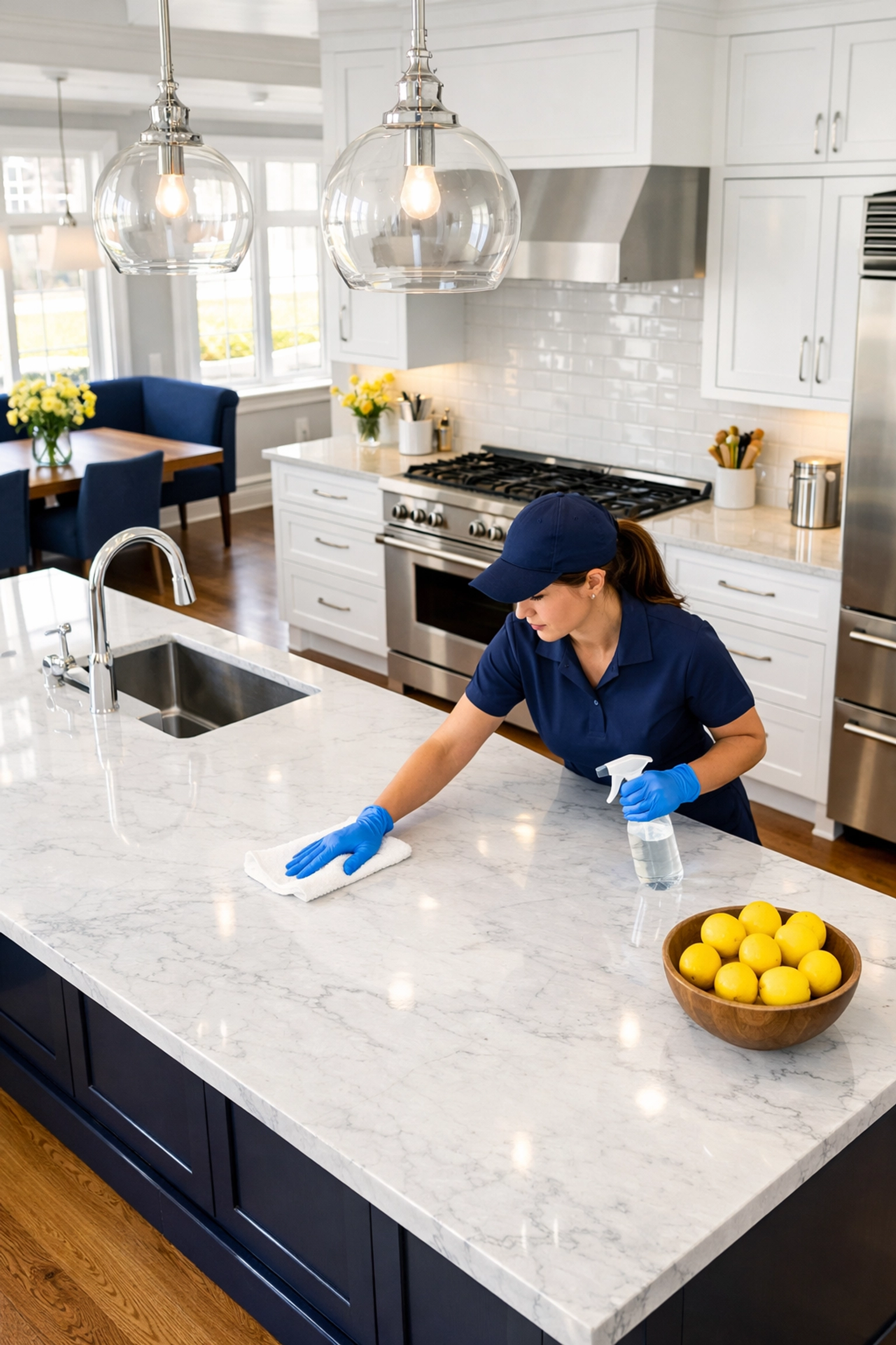 Professional cleaner performing weekly house cleaning in a luxury Newton MA kitchen.